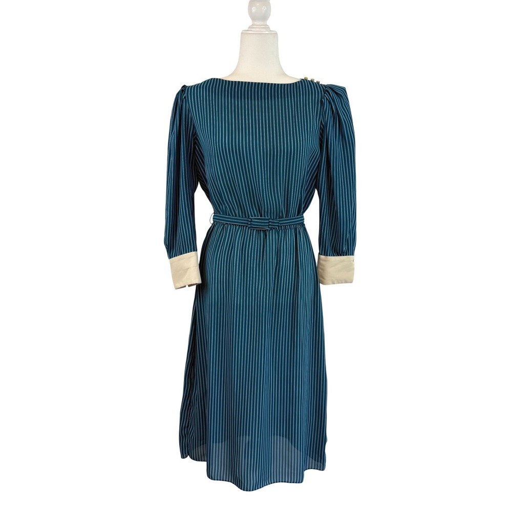 Vintage ACT I New York Midi Dress 80s Teal Stripe Puff Sleeve Secretary Mod S